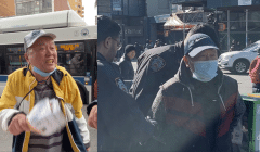 2023년 2월 16일 뉴욕 플러싱에서 파룬궁 수련생을 괴롭히는 시진핑(좌)과 2023년 2월 18일 체포된 시진핑(우).