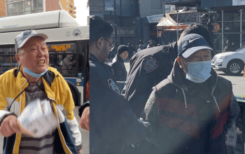 2023년 2월 16일 뉴욕 플러싱에서 파룬궁 수련생을 괴롭히는 시진핑(좌)과 2023년 2월 18일 체포된 시진핑(우).