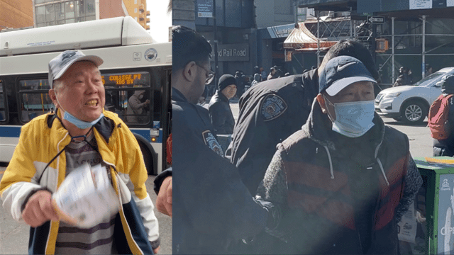 2023년 2월 16일 뉴욕 플러싱에서 파룬궁 수련생을 괴롭히는 시진핑(좌)과 2023년 2월 18일 체포된 시진핑(우).